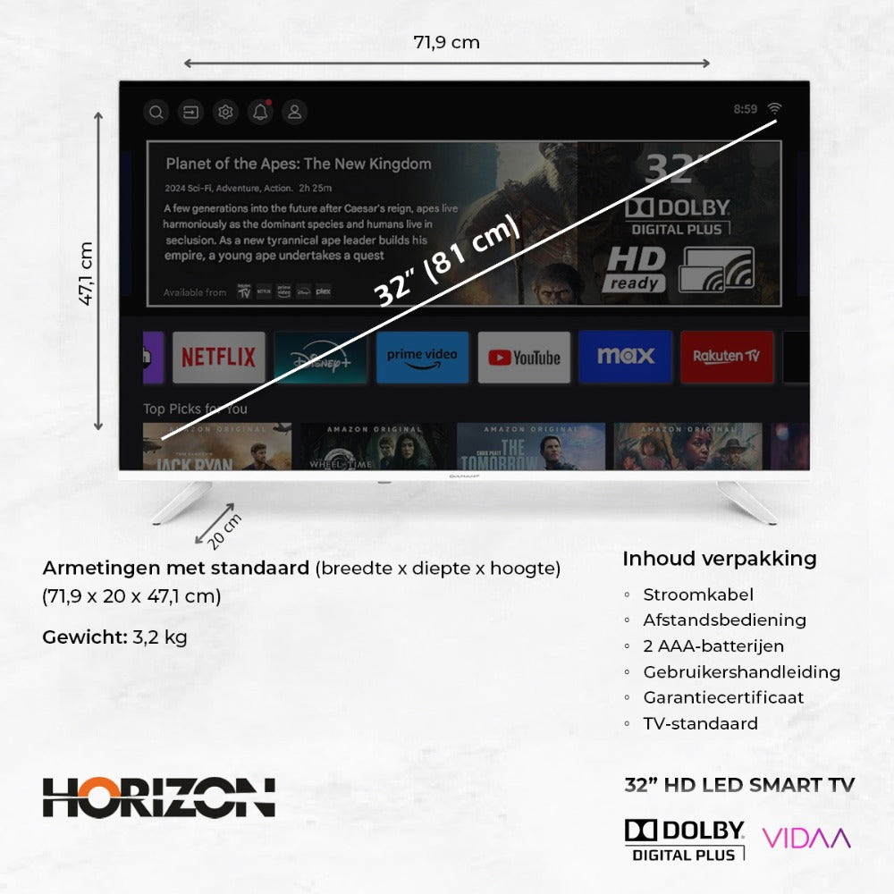 Horizon Smart TV - HD LED Televisie - Diamant Serie - WiFi - Netflix - Frameless Slim Design